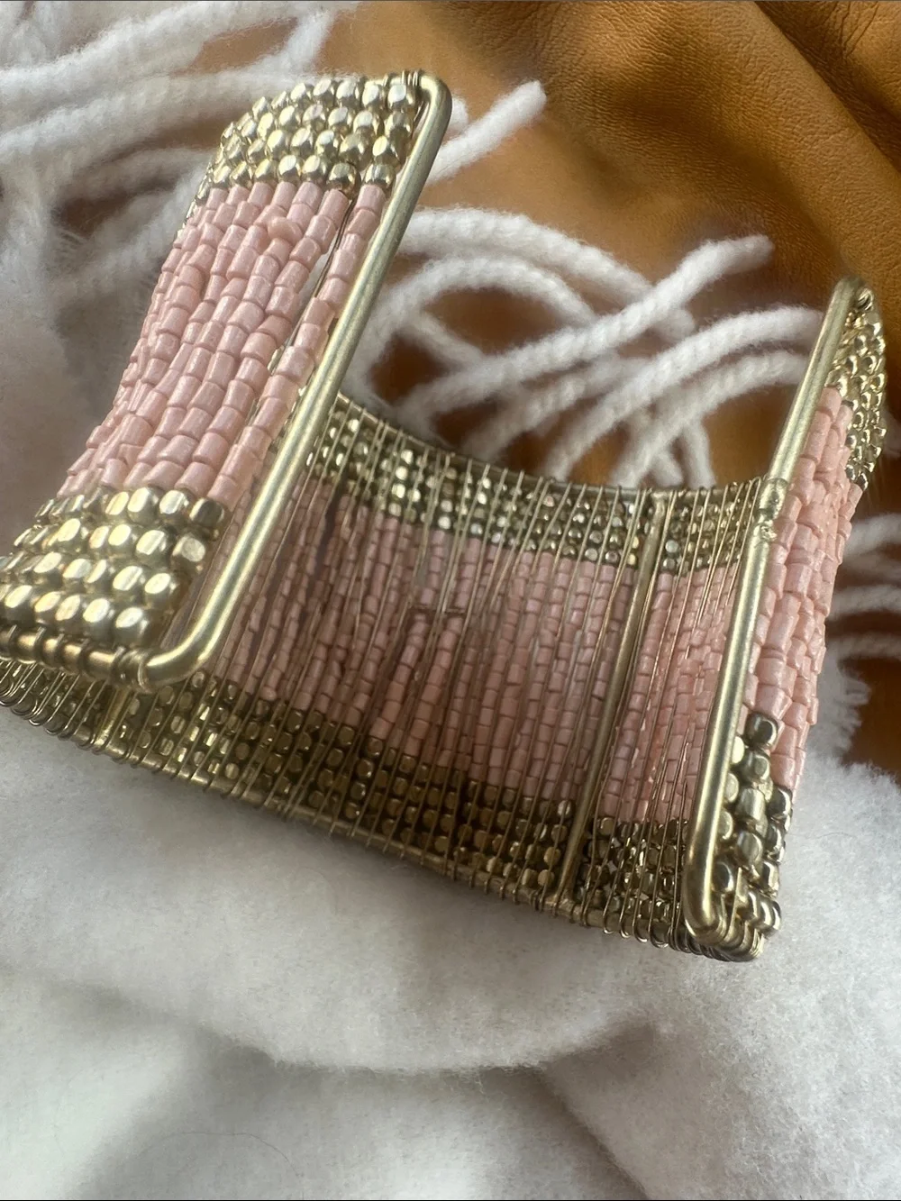 Coastal Cowgirl Mermaid Oversized Handcrafted Pink and Gold Beaded Cuff Bracelet
